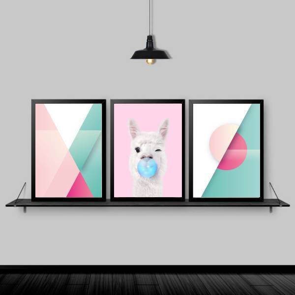 Kit 3 Quadros Abstratos Lhama Chiclete 33x24cm Moldura:madeir