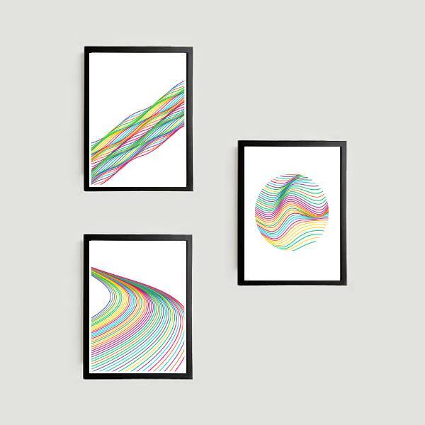 Kit 3 Quadros Abstratos Linhas Coloridas 24x18cm - Com Vidro