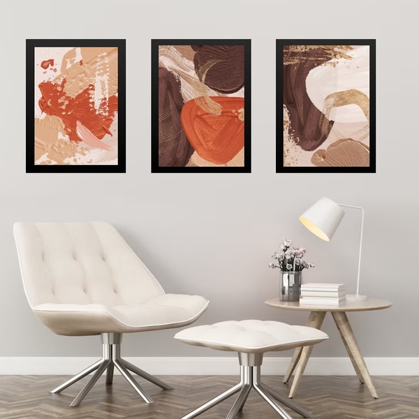 Kit 3 Quadros Abstratos Marrom Terracota 45x34cm - Com Vidro