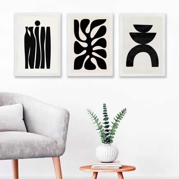 Kit 3 Quadros Abstratos Minimalistas - Preto 45x34cm - Com Vi