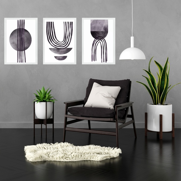 Kit 3 Quadros Abstratos Modernos Neutros Cinza 24x18cm - Com