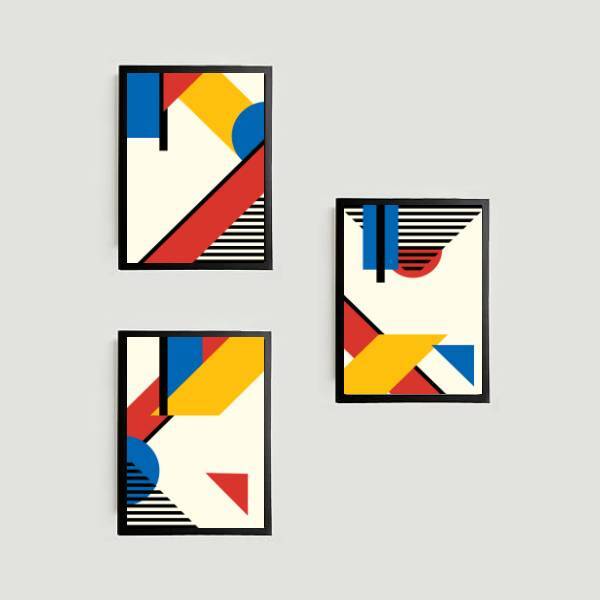 Kit 3 Quadros Abstratos Mondrian 45x34cm - Moldura Branca