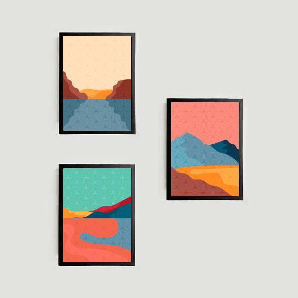 Kit 3 Quadros Abstratos Montain Colors 24x18cm - Com Vidro Mo