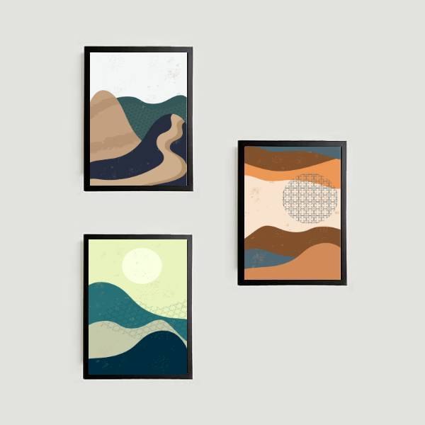 Kit 3 Quadros Abstratos Montanhas Coloridas 45x34cm - Moldura