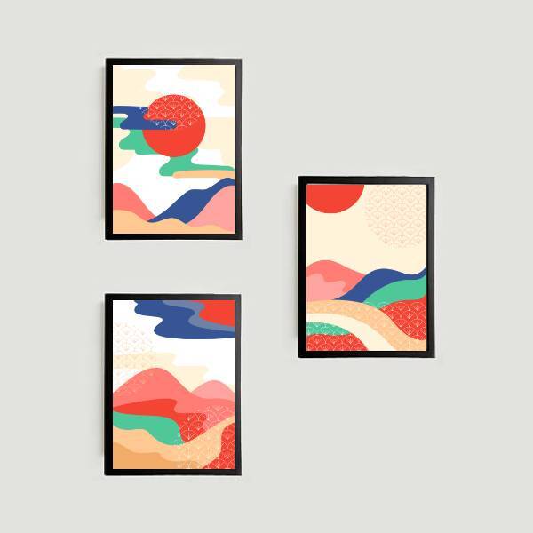 Kit 3 Quadros Abstratos Montanhas Multicoloridas 45x34cm - Co