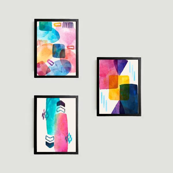 Kit 3 Quadros Abstratos Multicoloridos 24x18cm Moldura:madeir