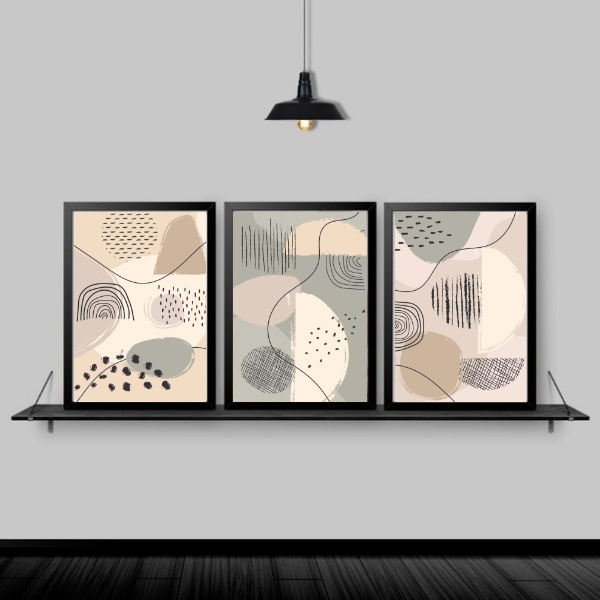 Kit 3 Quadros Abstratos Orgânicos 33x24cm Moldura:madeira Pre