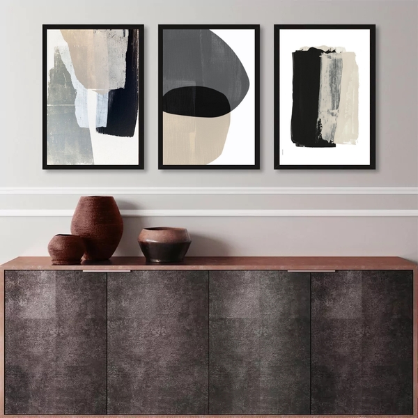 Kit 3 Quadros Abstratos Para Sala- Cinza Bege E Preto 45x34cm