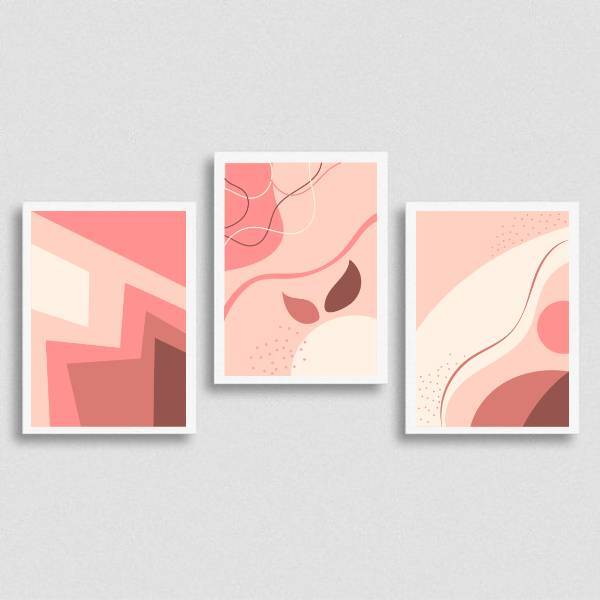 Kit 3 Quadros Abstratos Rosa 45x34cm - Com Vidro Moldura:made