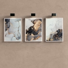 Kit 3 Quadros Abstratos Sala Aquarela mármore 33x24cm Moldura
