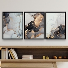 Kit 3 Quadros Abstratos Sala Aquarela mármore 45x34cm Moldura