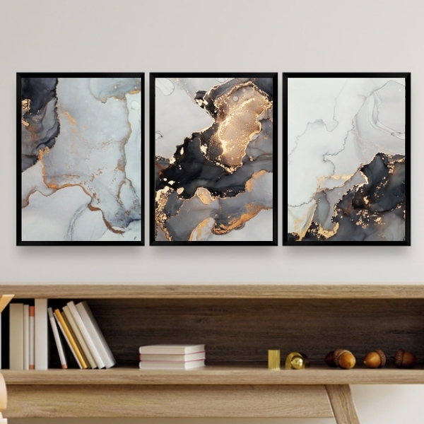 Kit 3 Quadros Abstratos Sala Aquarela mármore 45x34cm Moldura