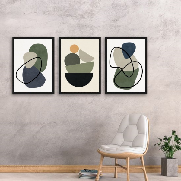 Kit 3 Quadros Abstratos Sala Boho Style 33x24cm Moldura:madei