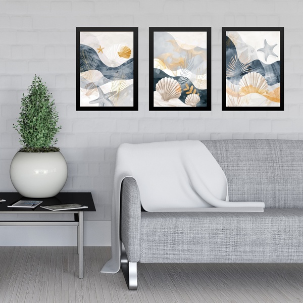 Kit 3 Quadros Abstratos Tema Praia Neutros 33x24cm - Com Vidr