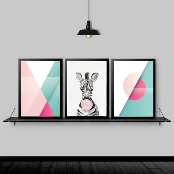 Kit 3 Quadros Abstratos Zebra Chiclete 24x18cm - Com Vidro Mo