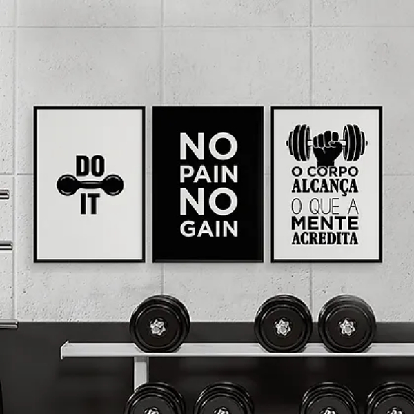 Kit 3 Quadros Academia Do It 33x24cm - Com Vidro Moldura:made