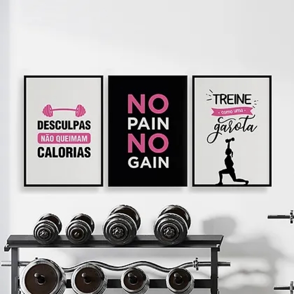 Kit 3 Quadros Academia Feminino 45x34cm Moldura:madeira Preta