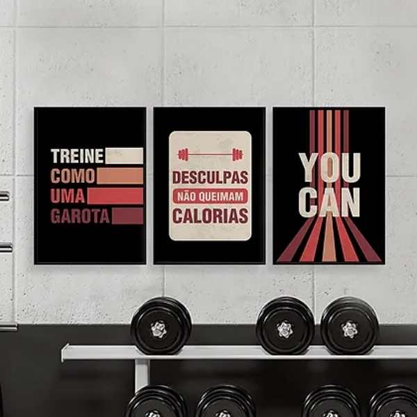 Kit 3 Quadros Academia Feminino Treine Como Uma Garota 45x34c