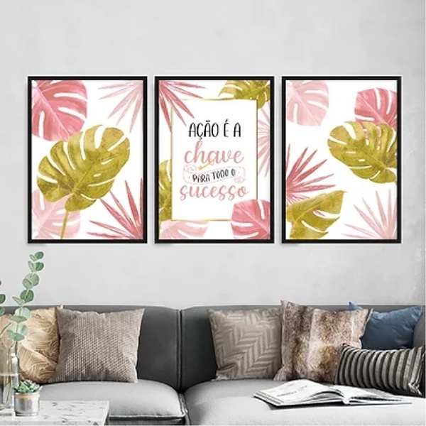 Kit 3 Quadros Ação É A Chave Para O Sucesso 33x24cm Moldura:m