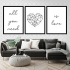 Kit 3 Quadros All You Need Is Love Coração 45x34cm - Com Vidr