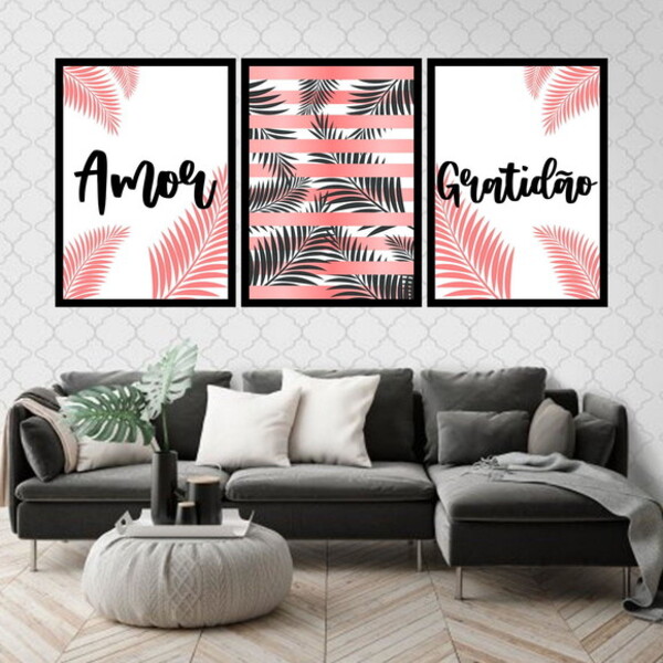 Kit 3 Quadros Amor E Gratidão 24x18cm - Com Vidro Moldura:mad