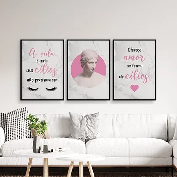 Kit 3 Quadros Amor Em Forma De Cílios 24x18cm - Com Vidro Mol
