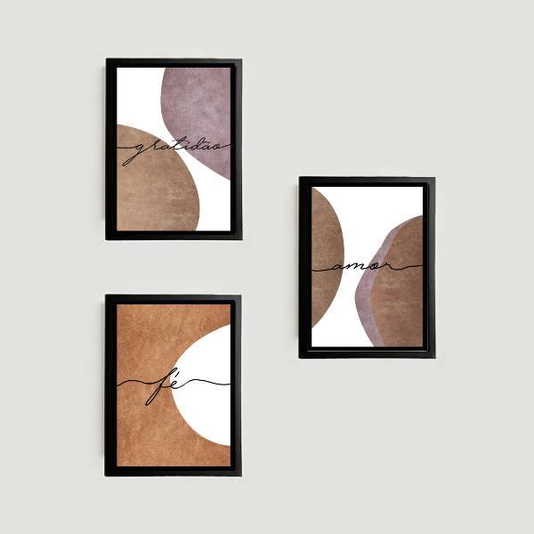 Kit 3 Quadros Amor, Fé, Gratidão - Abstrato 24x18cm Moldura:m