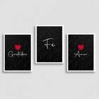Kit 3 Quadros Amor, Fé, Gratidão Preto 33x24cm - Com Vidro Mo