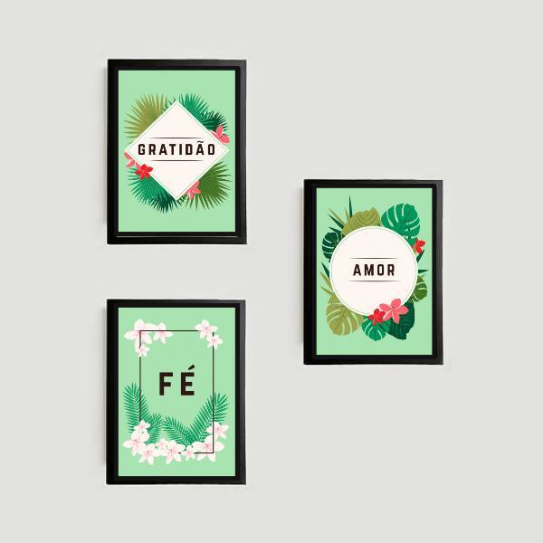 Kit 3 Quadros Amor, Fé, Gratidão - Tropical 45x34cm - Moldura