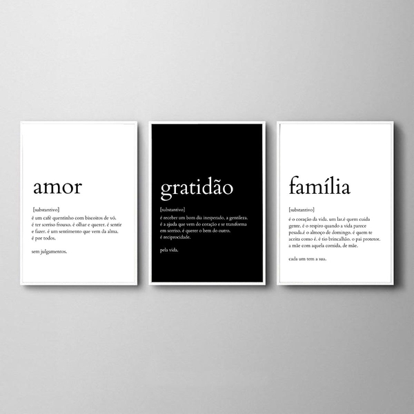 Kit 3 Quadros Amor Gratidão Família Significados 33x24cm - Co