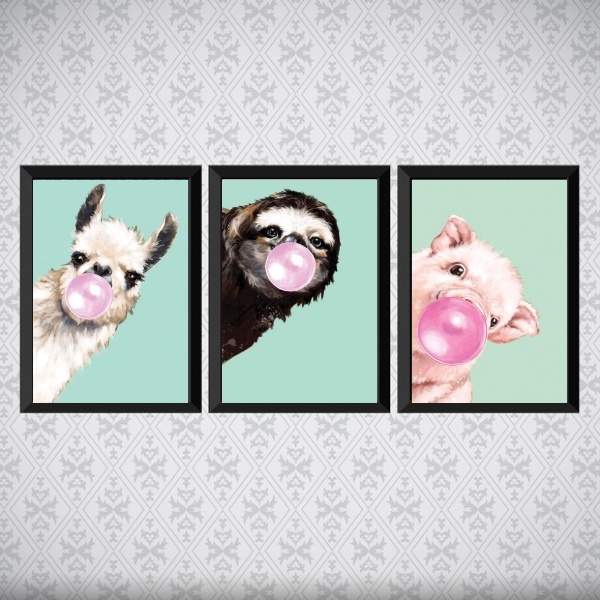 Kit 3 Quadros Animais Chicletes Turquesa 45x34cm Moldura:made