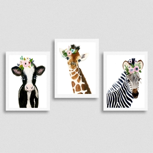 Kit 3 Quadros Animais Coroa Flores 24x18cm Moldura:madeira Pr