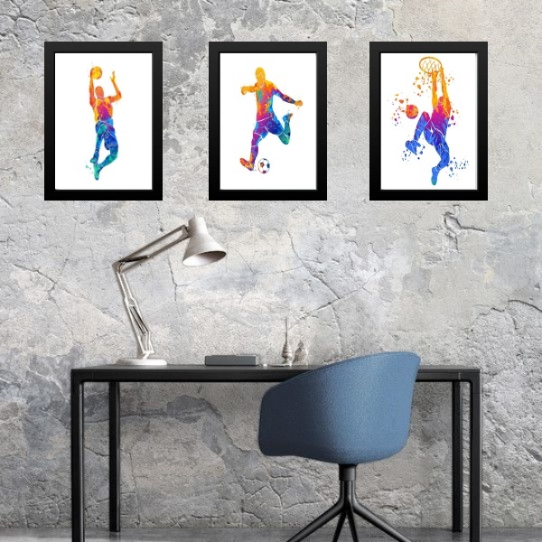 Kit 3 Quadros Aquarela Esportes Diversos 45x34cm Moldura Bran