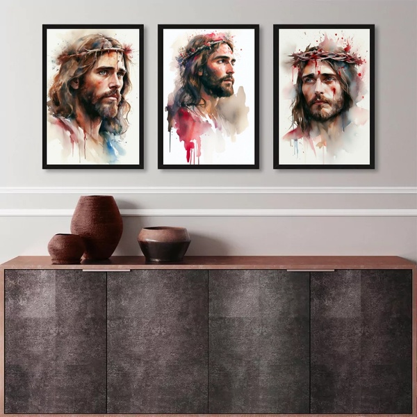Kit 3 Quadros Aquarelas Face De Jesus 45x34cm Moldura:madeira