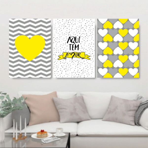 Kit 3 Quadros Aqui Tem Amor Amarelo E Cinza 45x34cm - Com Vid