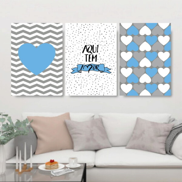 Kit 3 Quadros Aqui Tem Amor Azul E Cinza 24x18cm - Com Vidro