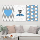 Kit 3 Quadros Aqui Tem Amor Azul E Cinza 24x18cm Moldura:made