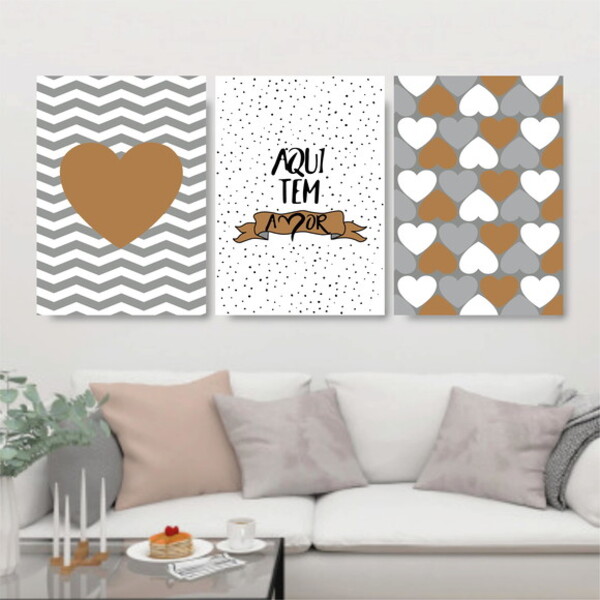Kit 3 Quadros Aqui Tem Amor Marrom E Cinza 60x40cm Moldura:ma