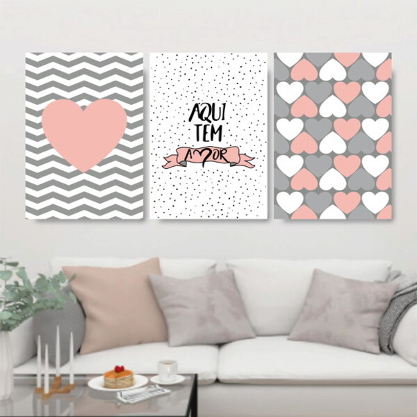 Kit 3 Quadros Aqui Tem Amor Rosa E Cinza 24x18cm Moldura:made