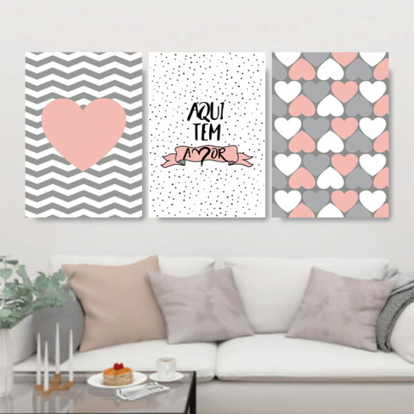 Kit 3 Quadros Aqui Tem Amor Rosa E Cinza 60x40cm Moldura:made