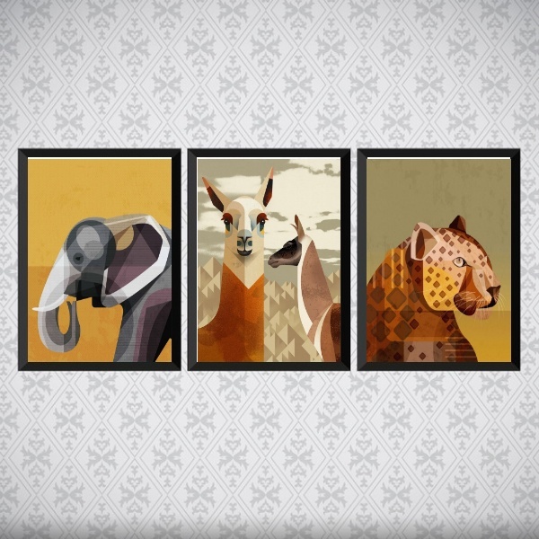 Kit 3 Quadros Arte Animais Geométricos 33x24cm Moldura:madeir