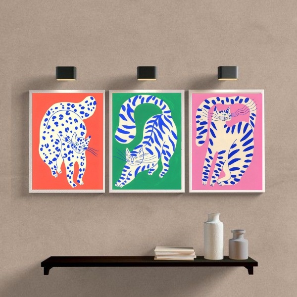 Kit 3 Quadros Arte Gatos Pintados Coloridos 24x18cm - Com Vid