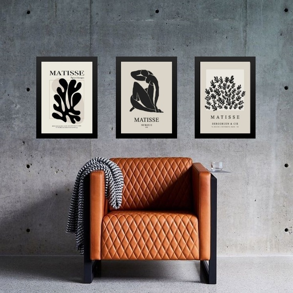 Kit 3 Quadros Arte Matisse Preto E Nude 45x34cm Moldura:madei