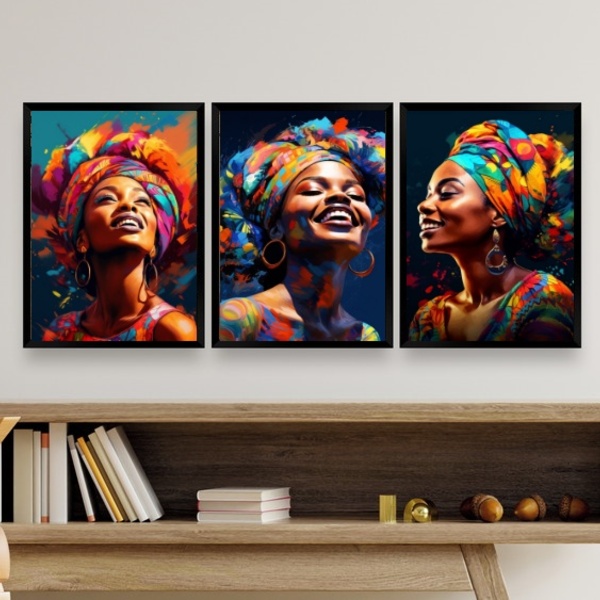 Kit 3 Quadros Arte Mulheres Africanas turbante 24x18cm Moldur