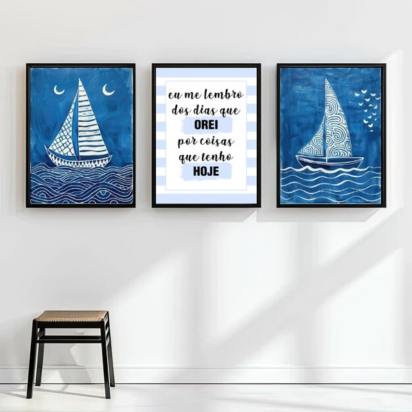 Kit 3 Quadros Arte Nautica Azul - Cristão 24x18cm Moldura Bra