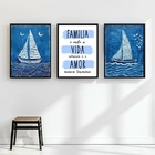 Kit 3 Quadros Arte Nautica Azul - Família 24x18cm - Com Vidro