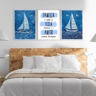 Kit 3 Quadros Arte Nautica Azul - Família 24x18cm Moldura Pre