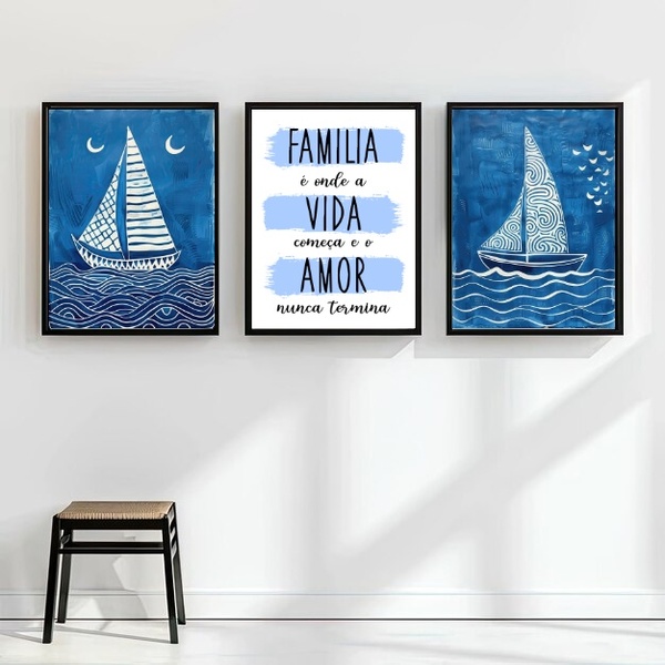 Kit 3 Quadros Arte Nautica Azul - Família 45x34cm Moldura Bra