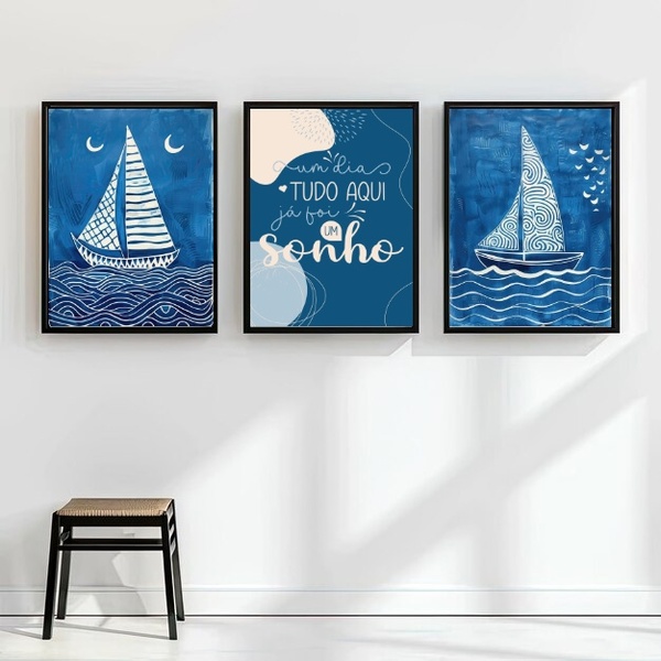 Kit 3 Quadros Arte Nautica Azul - Sonho 45x34cm - Com Vidro M