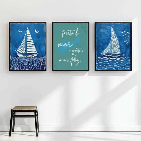 Kit 3 Quadros Arte Nautica - Perto Do Mar 33x24cm Moldura Bra